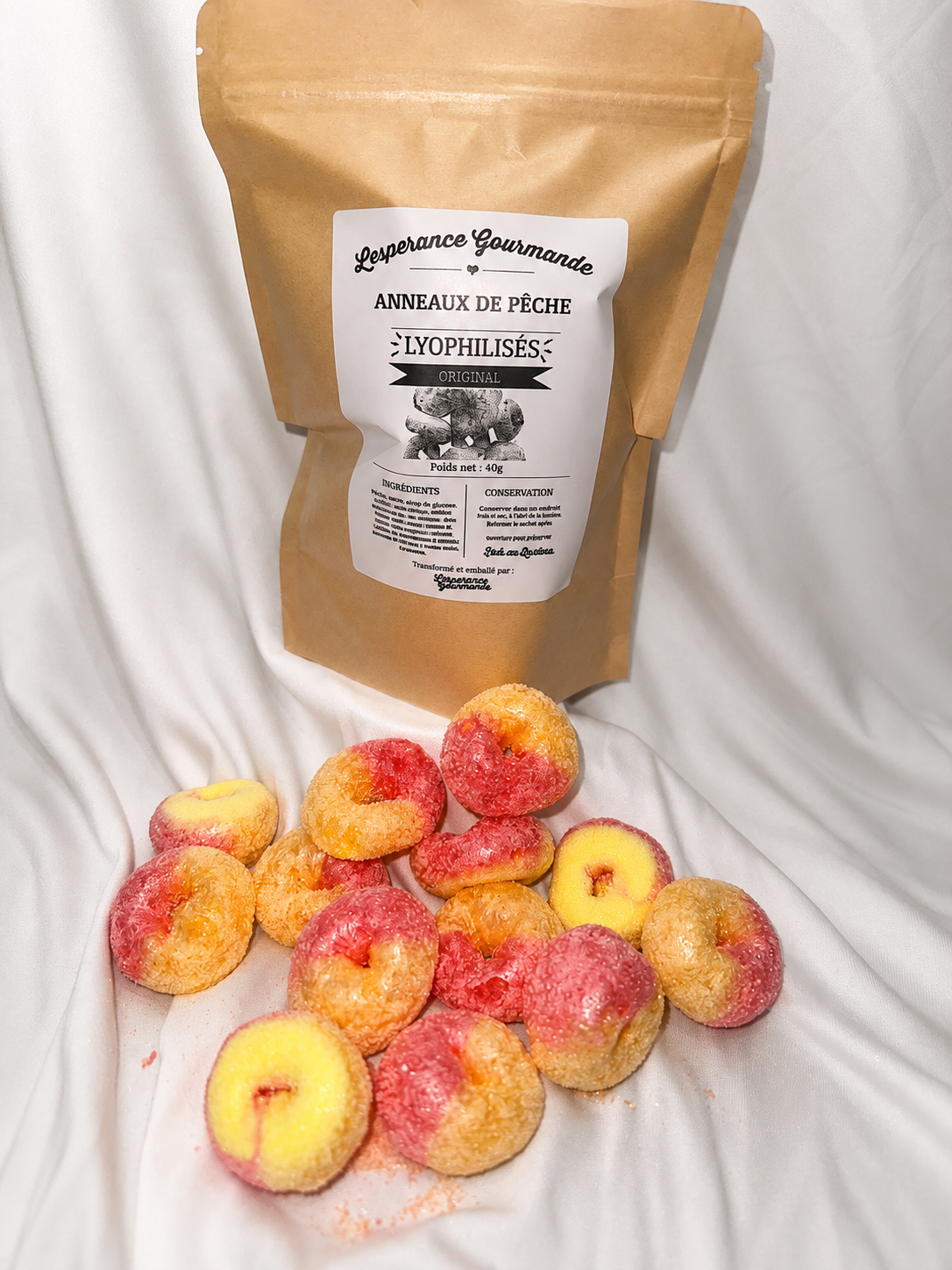 Bonbons lyophilisés — Anneaux de pêche / Freeze Dried Candy